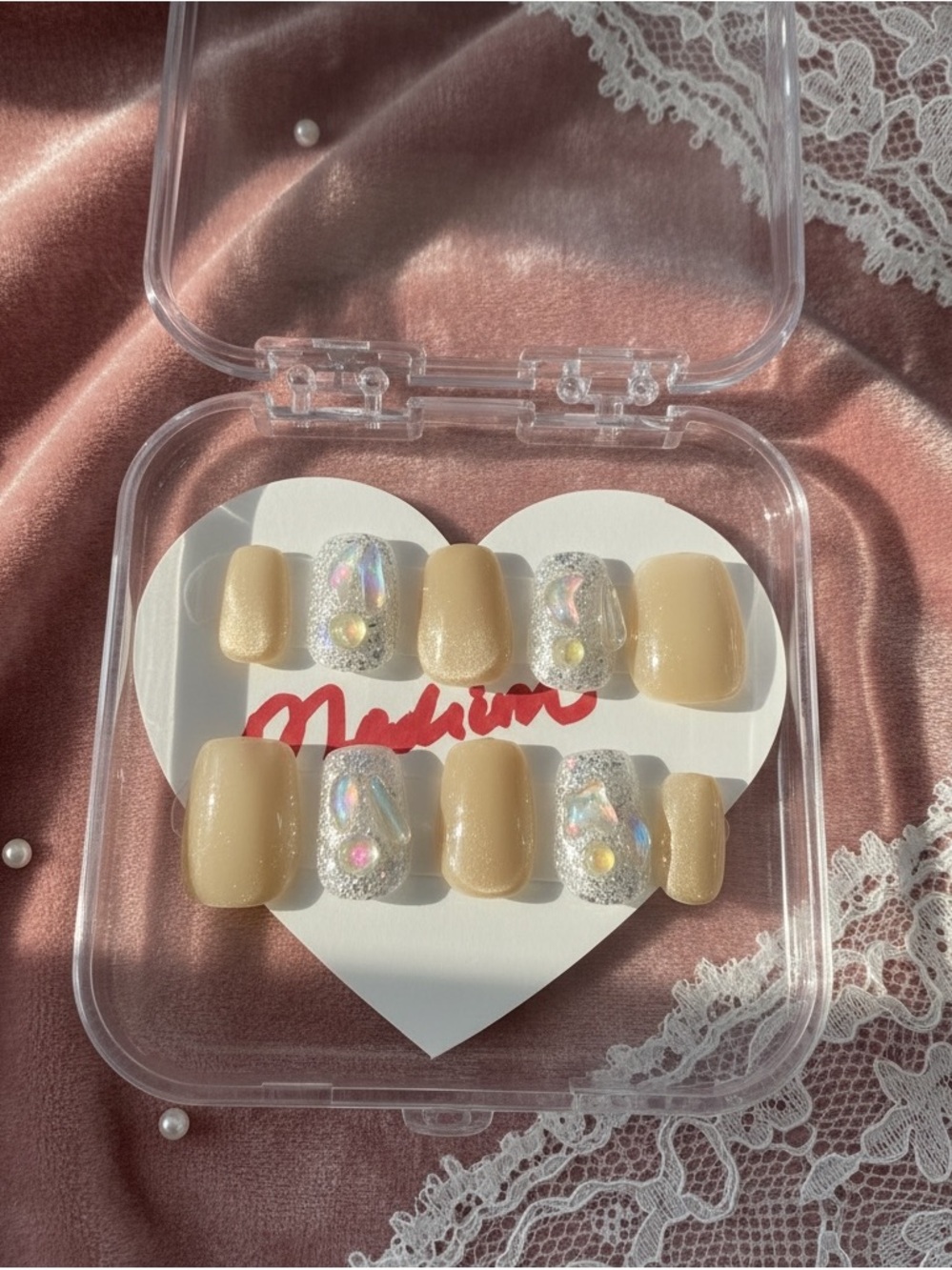 Handmade Press On Nails | Nude Shimmer & Clear Glitter Accent | Short Set